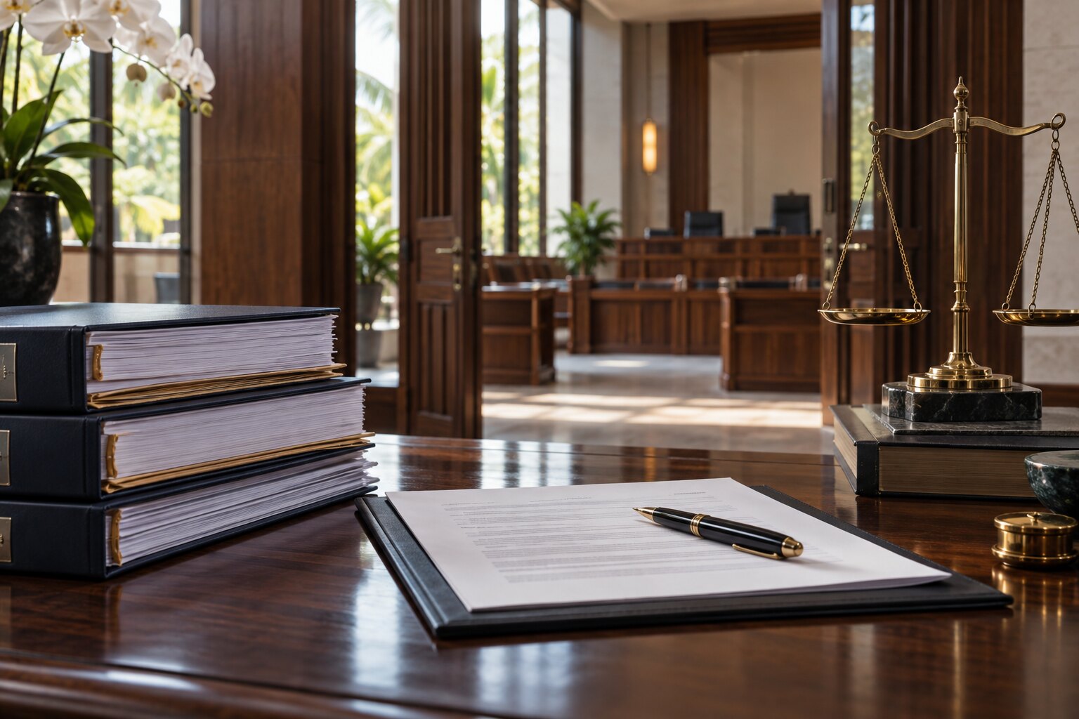 Civil case files, contract documents and scales of justice