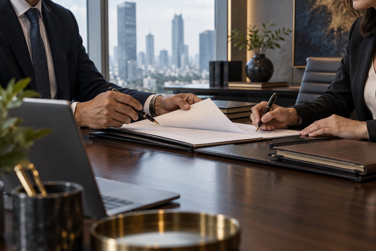 Indonesian legal professionals reviewing a commercial contract