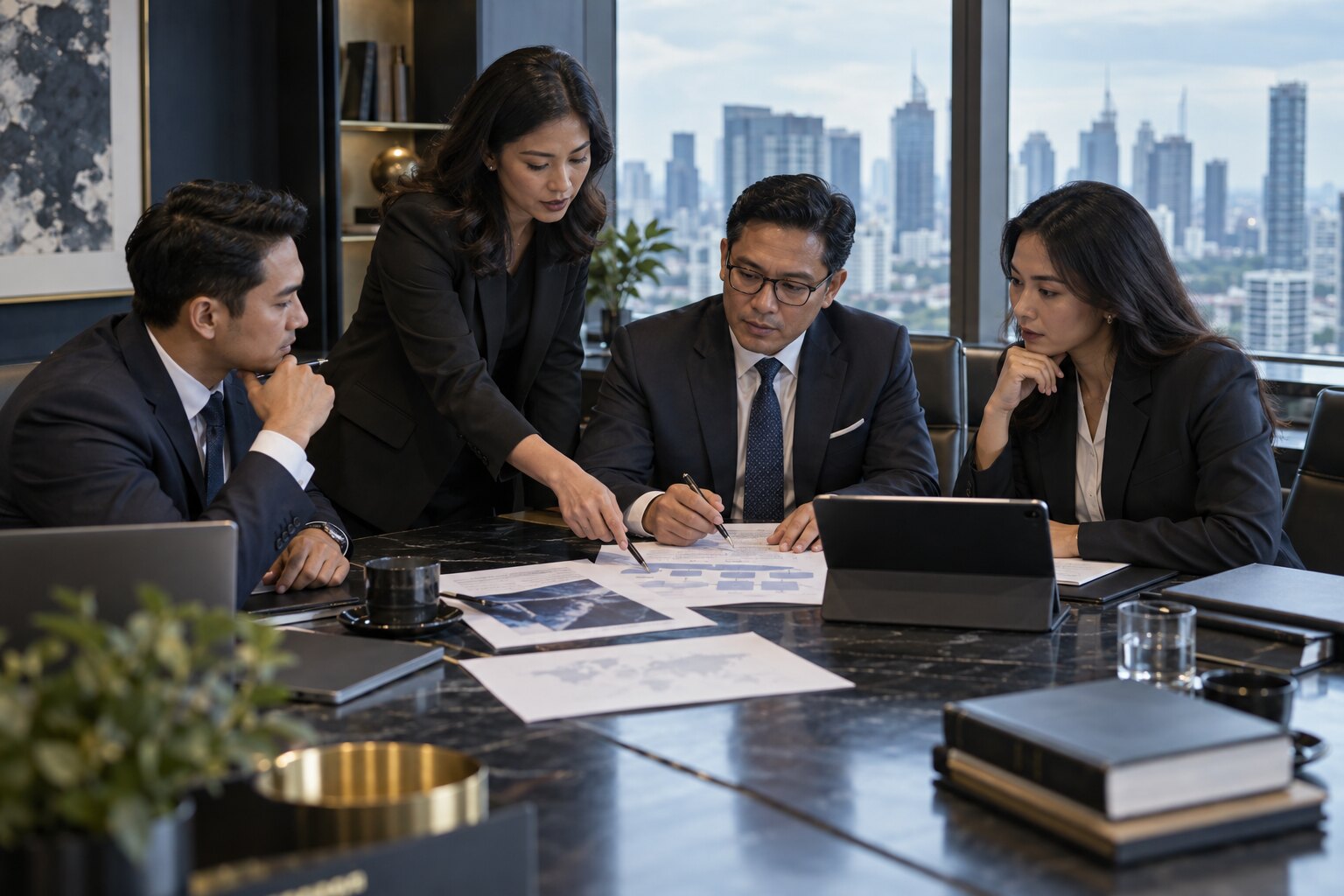 Indonesian business leaders discussing a corporate transaction
